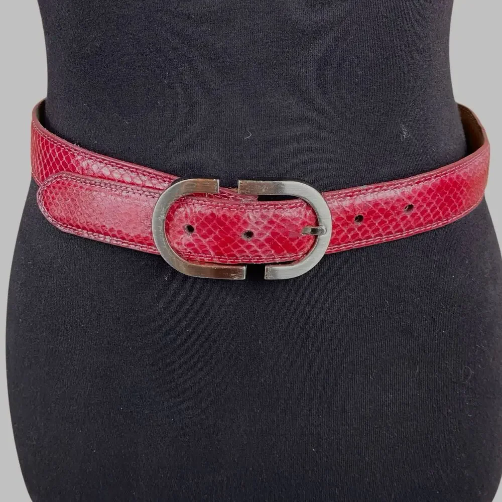 Vintage Raspberry Red Snakeskin Belt 34 Inch Waist
